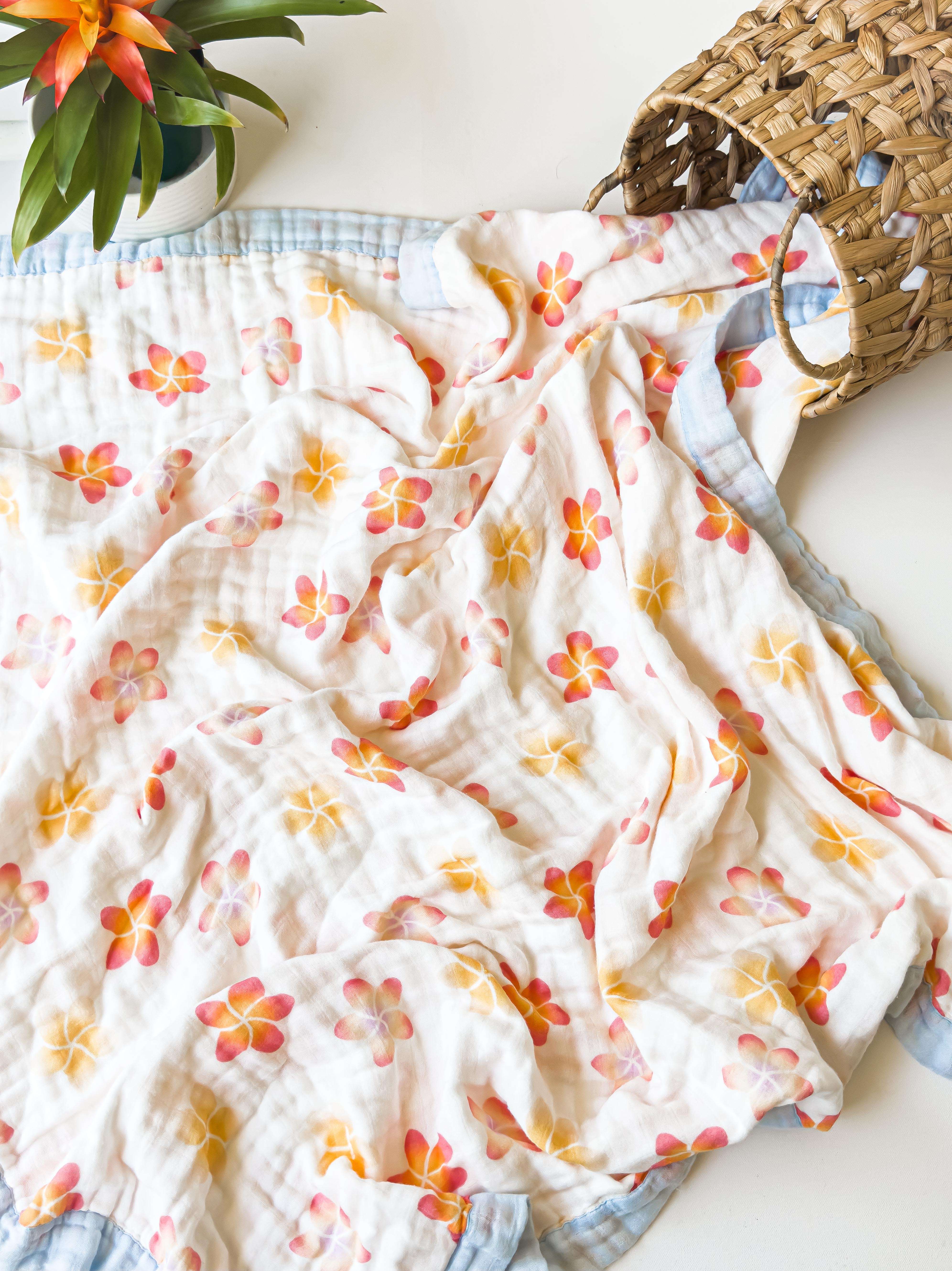 Plumeria Flower 6 Layer Organic Bamboo Muslin Blanket - Coca + B.
