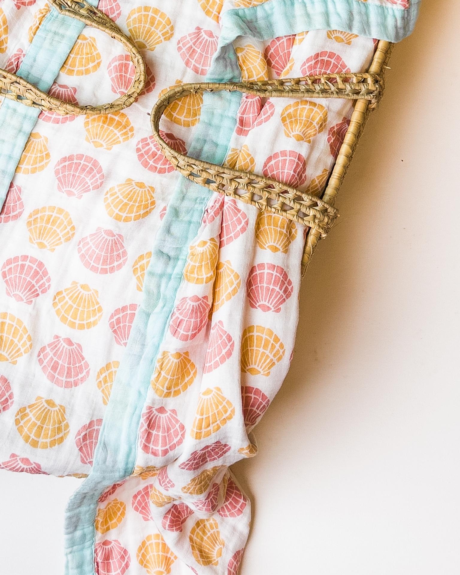 Sea Shells – Aqua Trim | 6-Layer Organic Bamboo Baby Blanket - Coca + B.