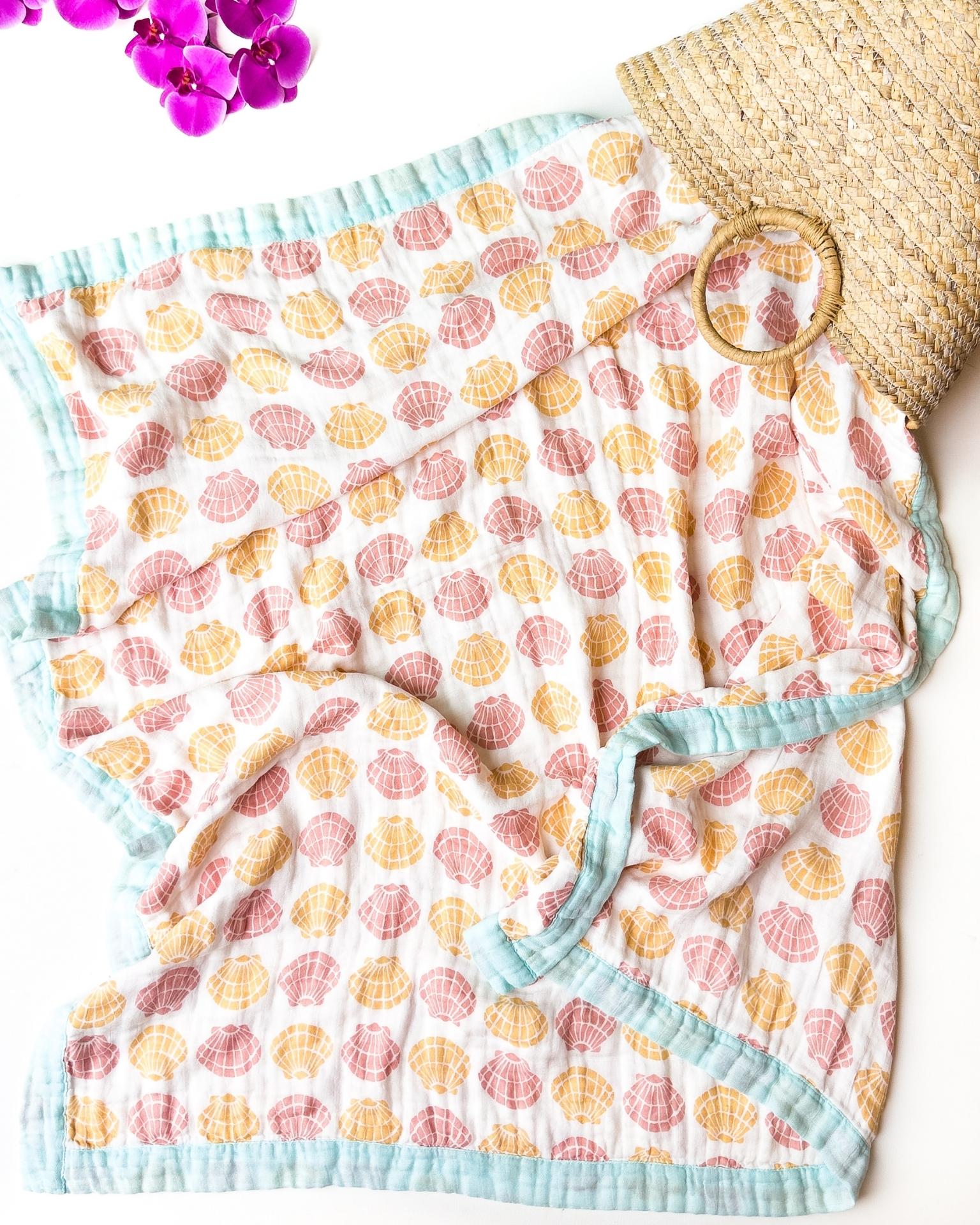 Sea Shells – Aqua Trim | 6-Layer Organic Bamboo Baby Blanket - Coca + B.
