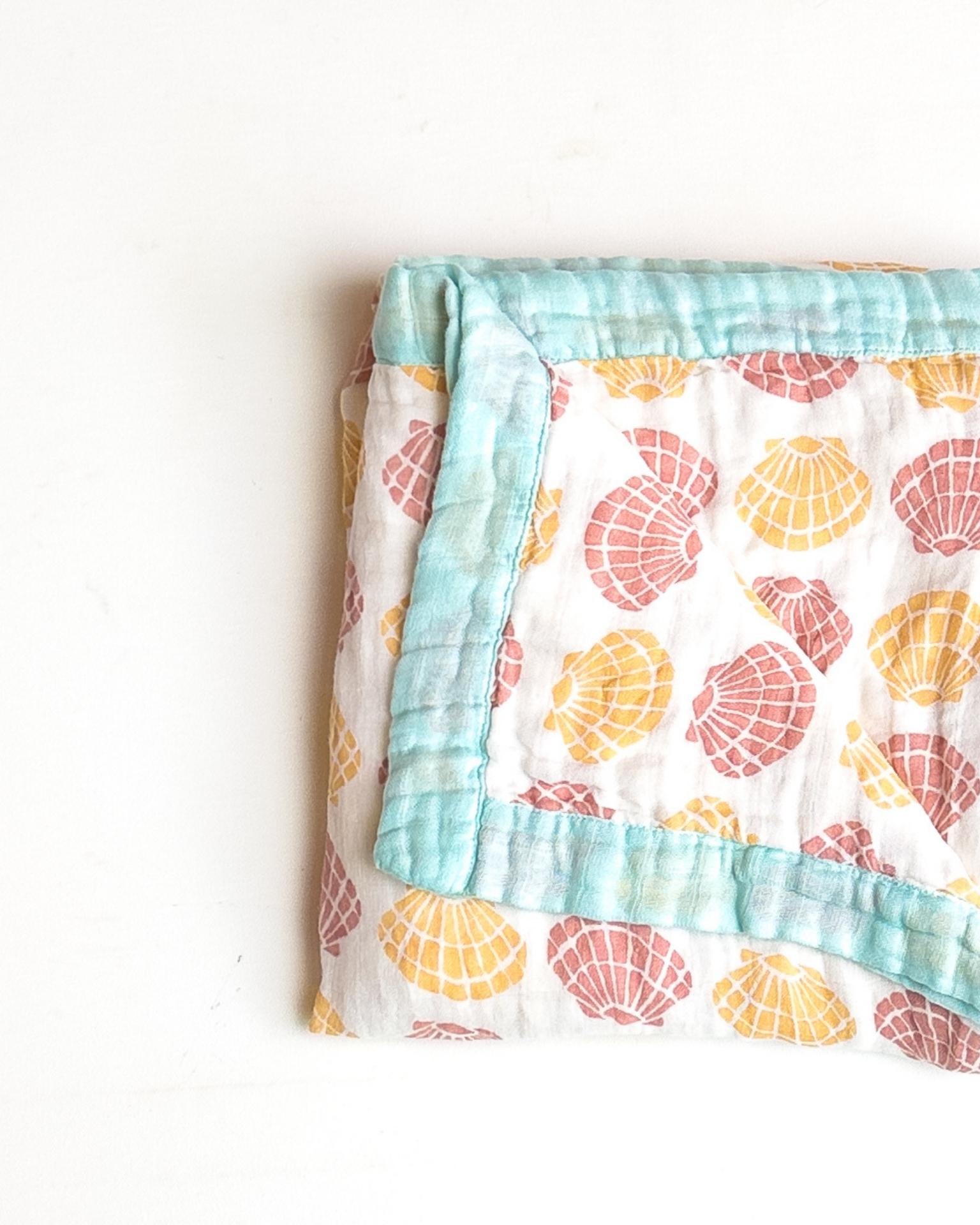 Sea Shells – Aqua Trim | 6-Layer Organic Bamboo Baby Blanket - Coca + B.
