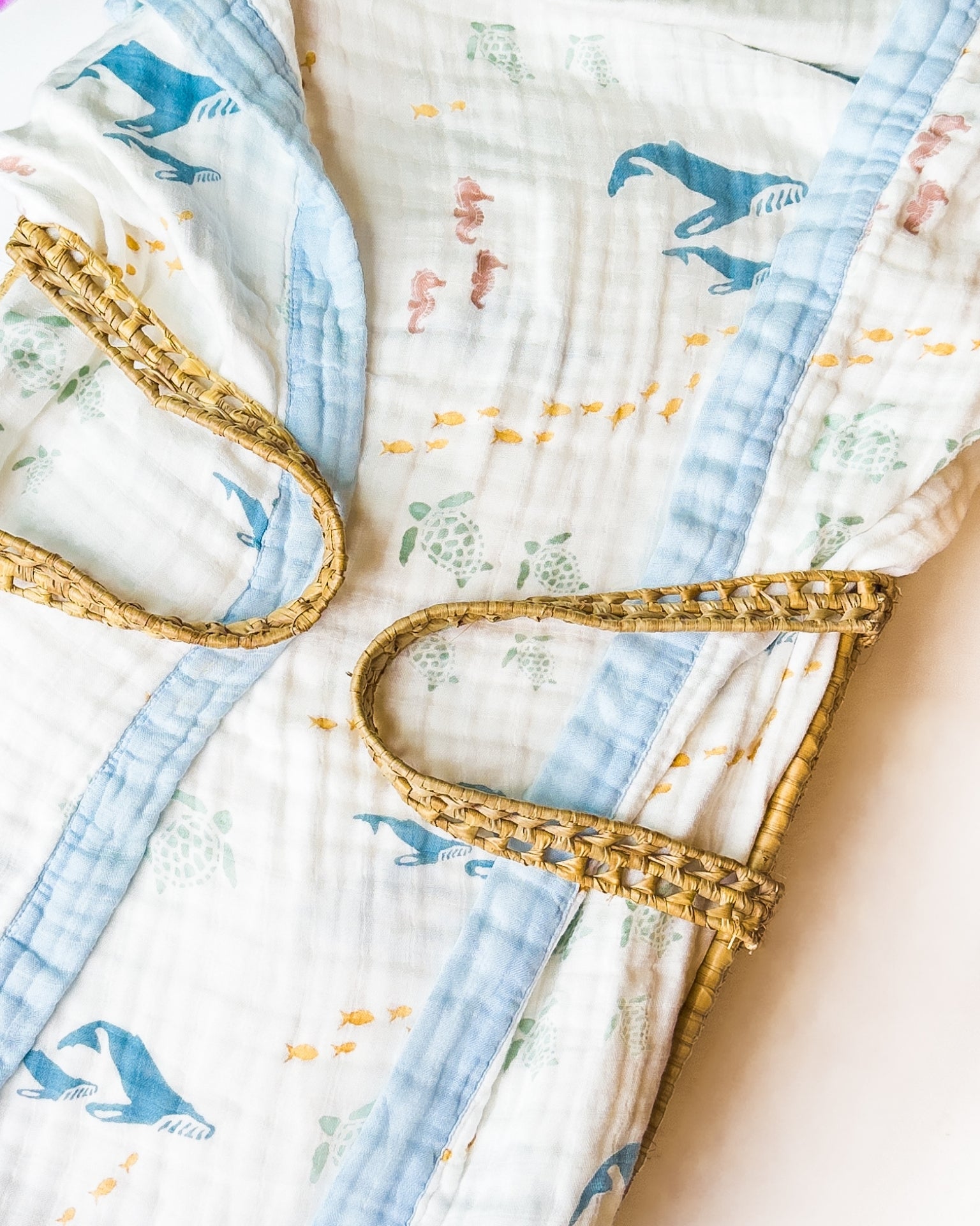 Sea Animals – Blue Trim | 6-Layer Organic Bamboo Muslin Baby Blanket - Coca + B.