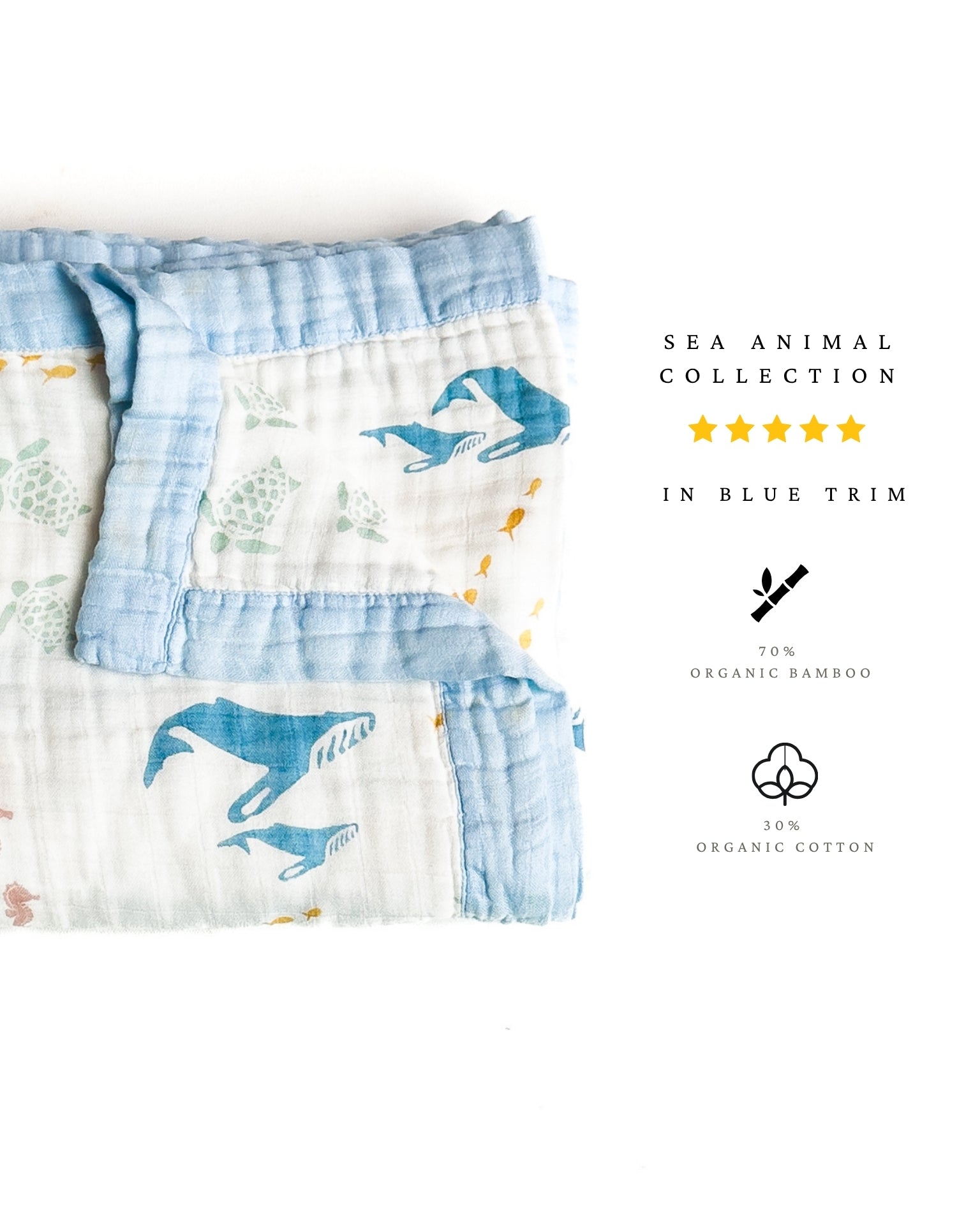 Sea Animals – Blue Trim | 6-Layer Organic Bamboo Muslin Baby Blanket - Coca + B.
