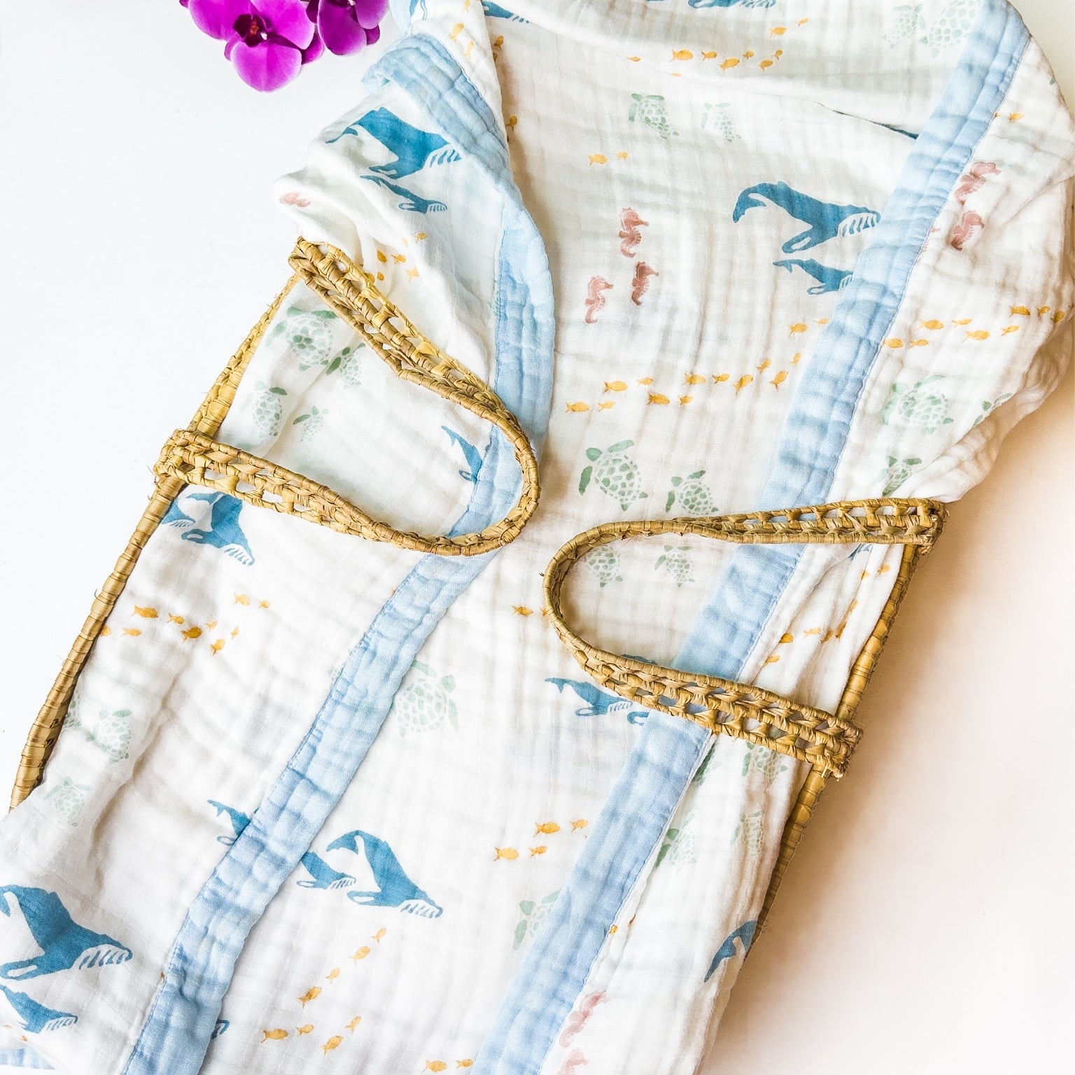 Sea Animals – Blue Trim | 6-Layer Organic Bamboo Muslin Baby Blanket - Coca + B.