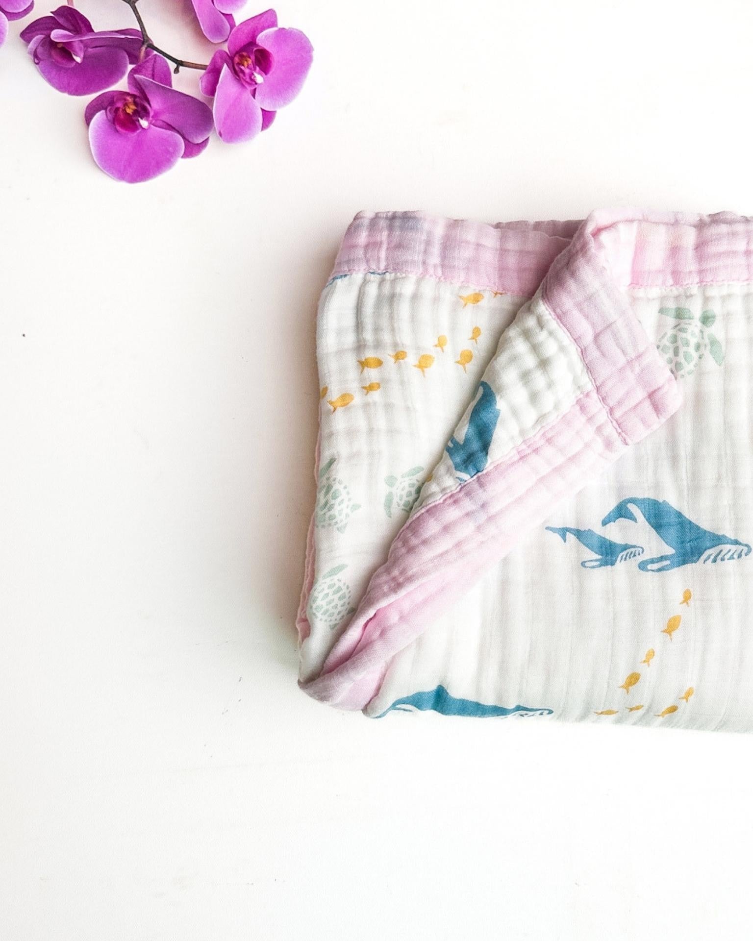 Sea Animals – Pink Trim | 6-Layer Organic Bamboo Muslin Baby Blanket - Coca + B.