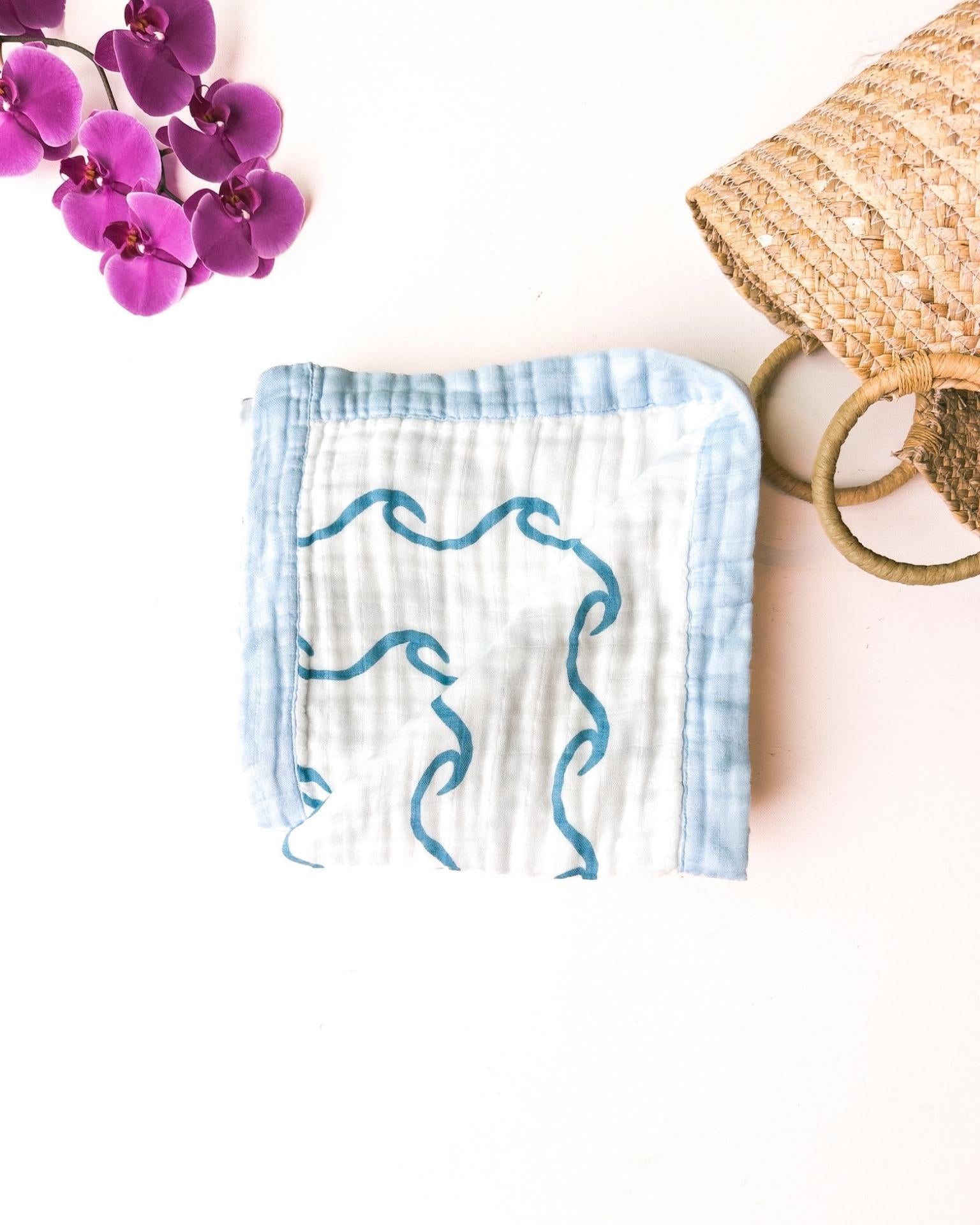Endless Wave – Blue Trim | 6-Layer Organic Bamboo Muslin Baby Blanket - Coca + B.