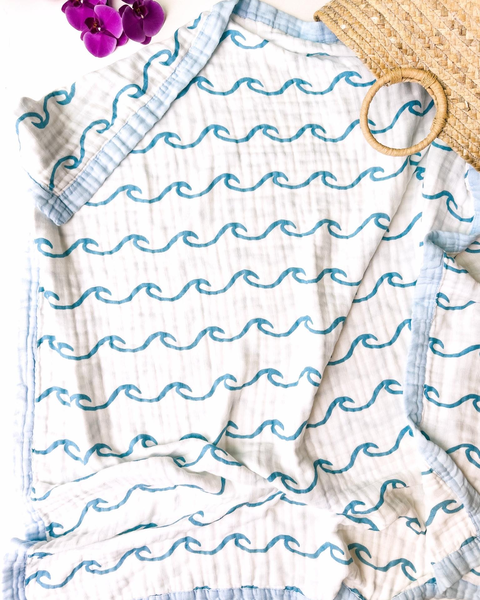 Endless Wave – Blue Trim | 6-Layer Organic Bamboo Muslin Baby Blanket - Coca + B.