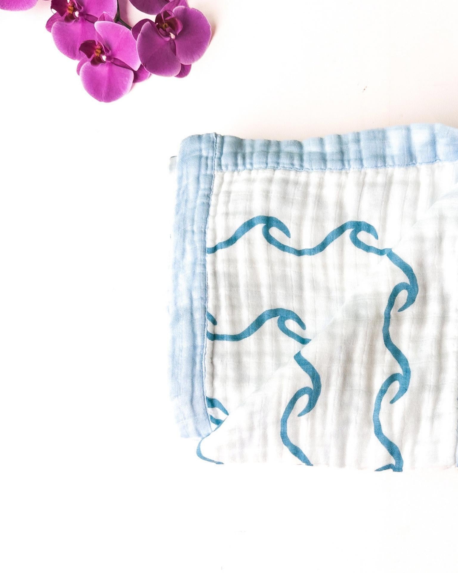 Endless Wave – Blue Trim | 6-Layer Organic Bamboo Muslin Baby Blanket - Coca + B.