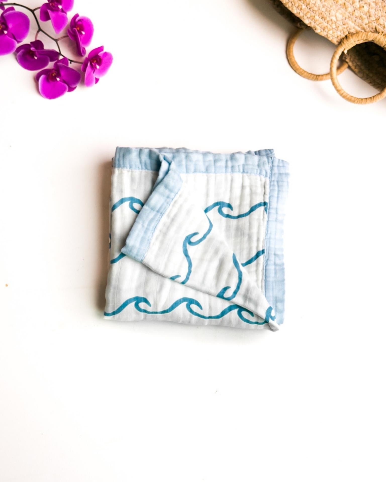 Endless Wave – Blue Trim | 6-Layer Organic Bamboo Muslin Baby Blanket - Coca + B.