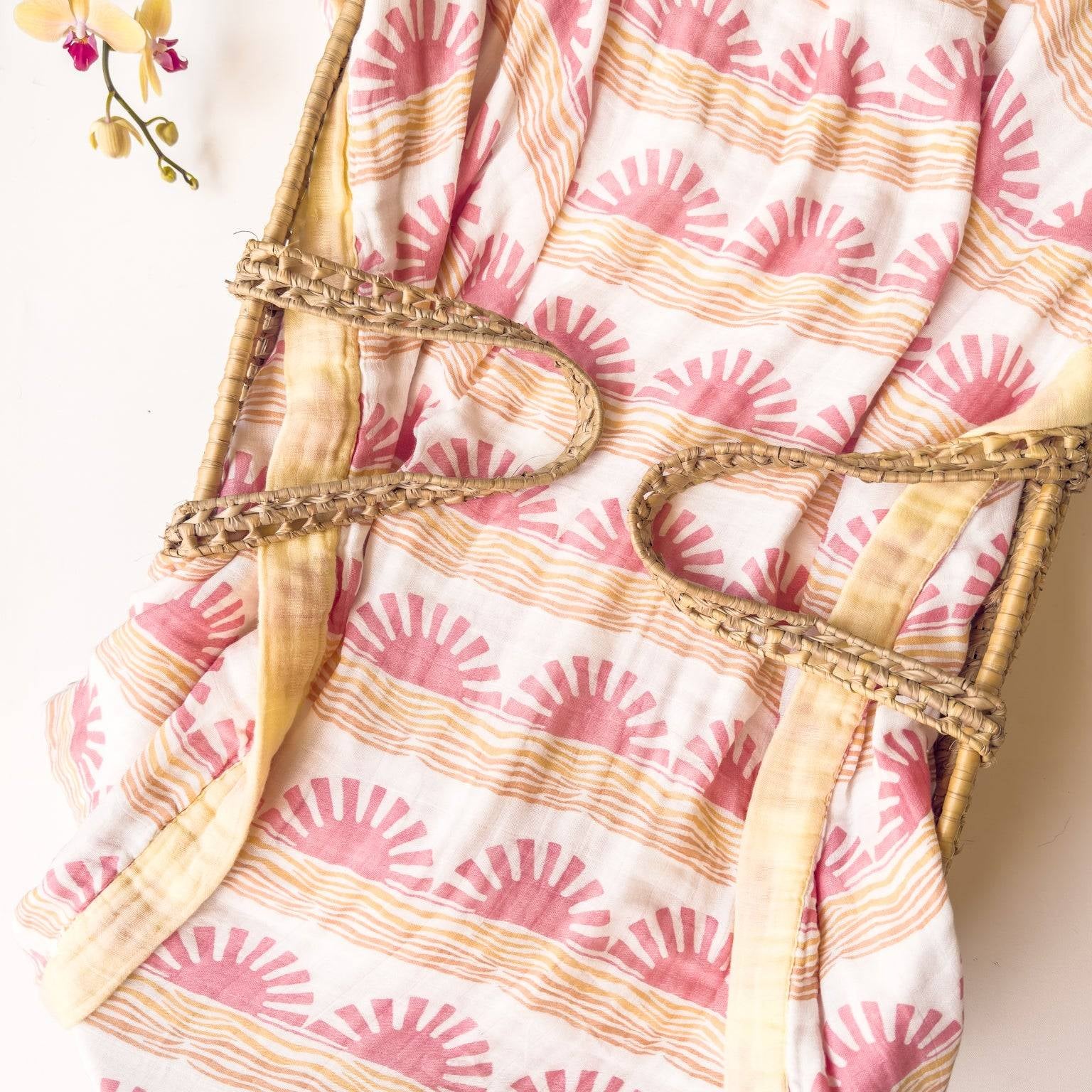 Pink Sun + Wave 6 Layer Organic Bamboo Muslin Blanket - Coca + B.