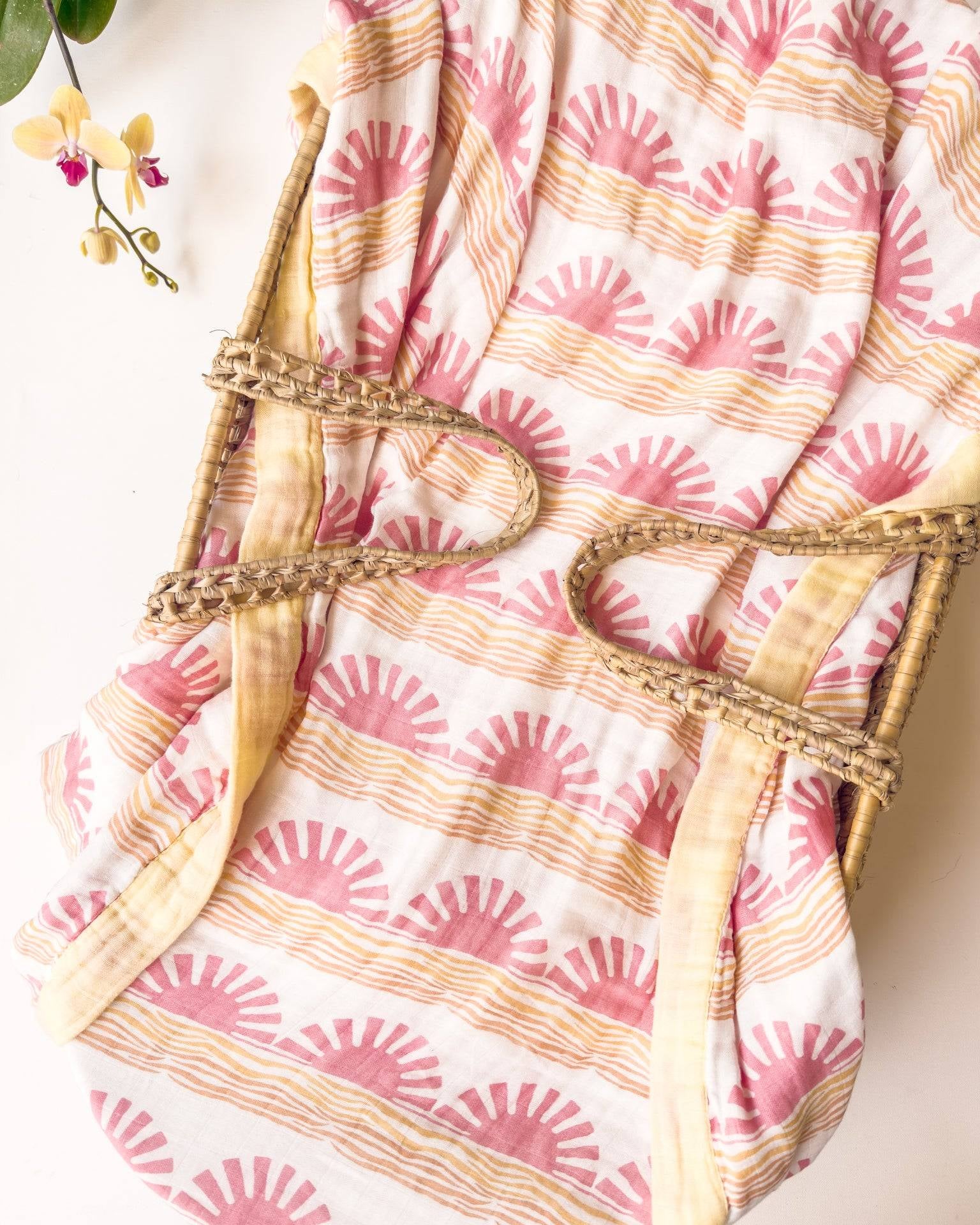 Pink Sun + Wave 6 Layer Organic Bamboo Muslin Blanket - Coca + B.