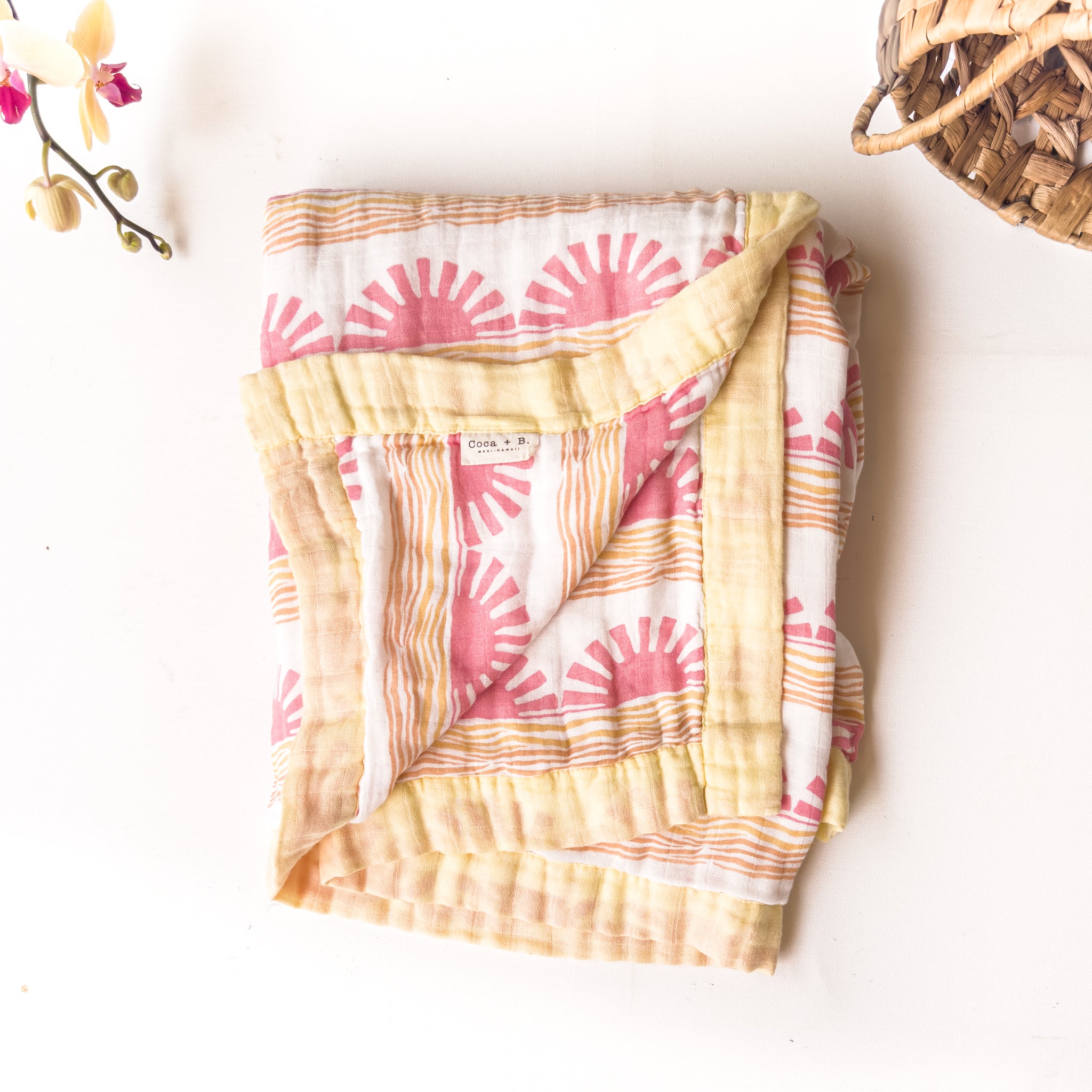Pink Sun + Wave 6 Layer Organic Bamboo Muslin Blanket - Coca + B.