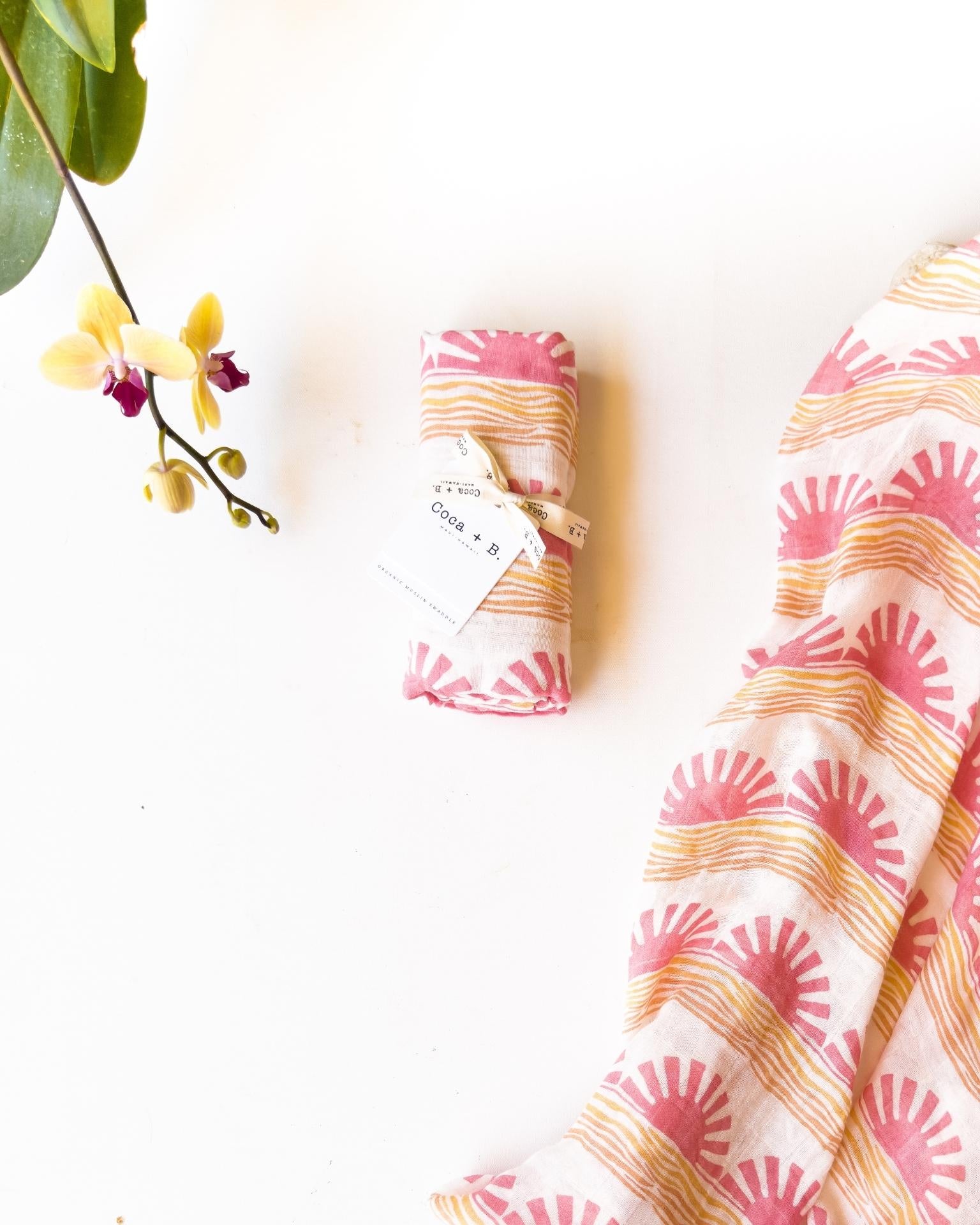 Pink Sun + Wave Organic Baby Swaddle - Coca + B.