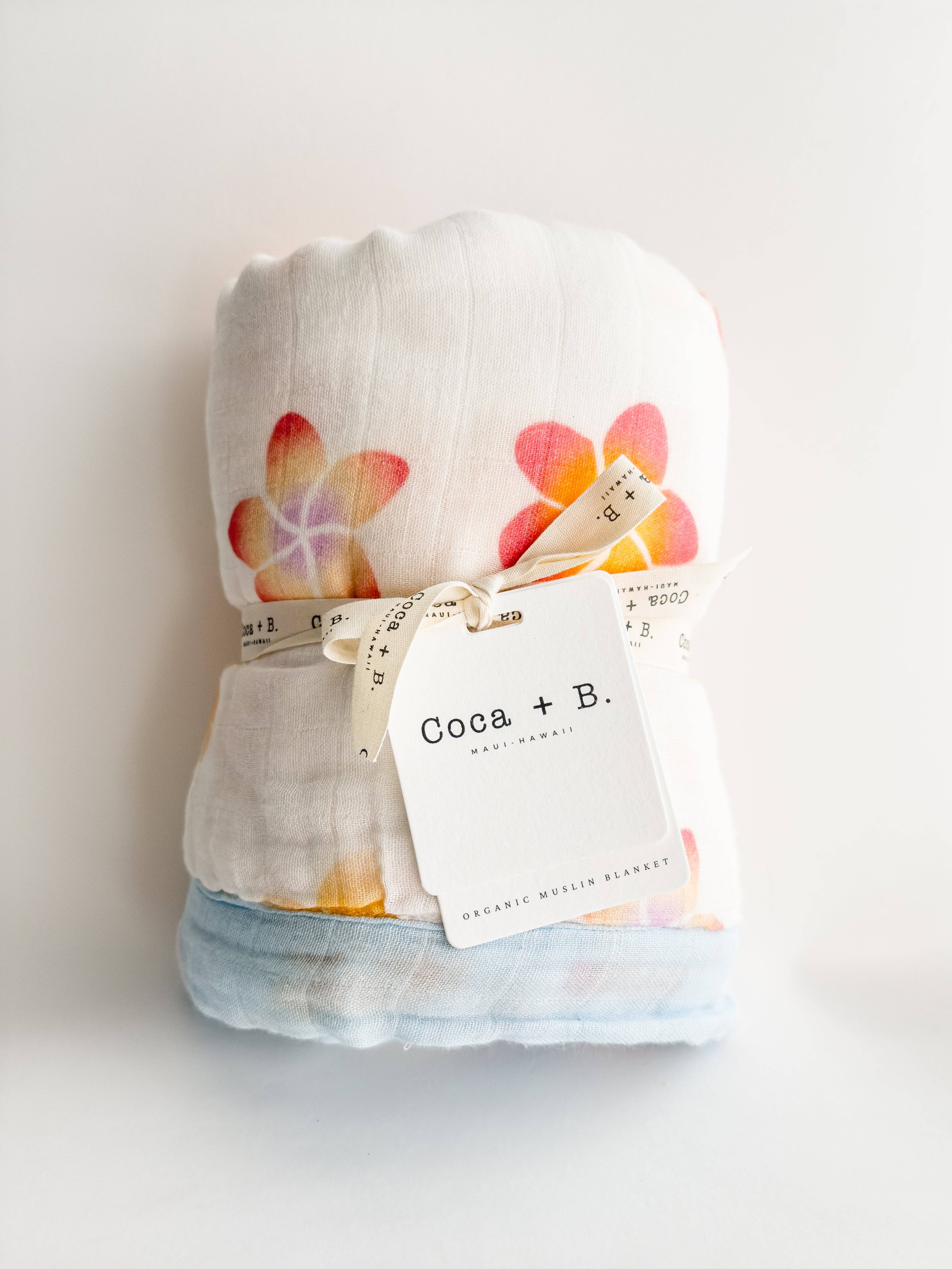 plumeria hawaiian flower print organic cotton bamboo muslin baby blanket