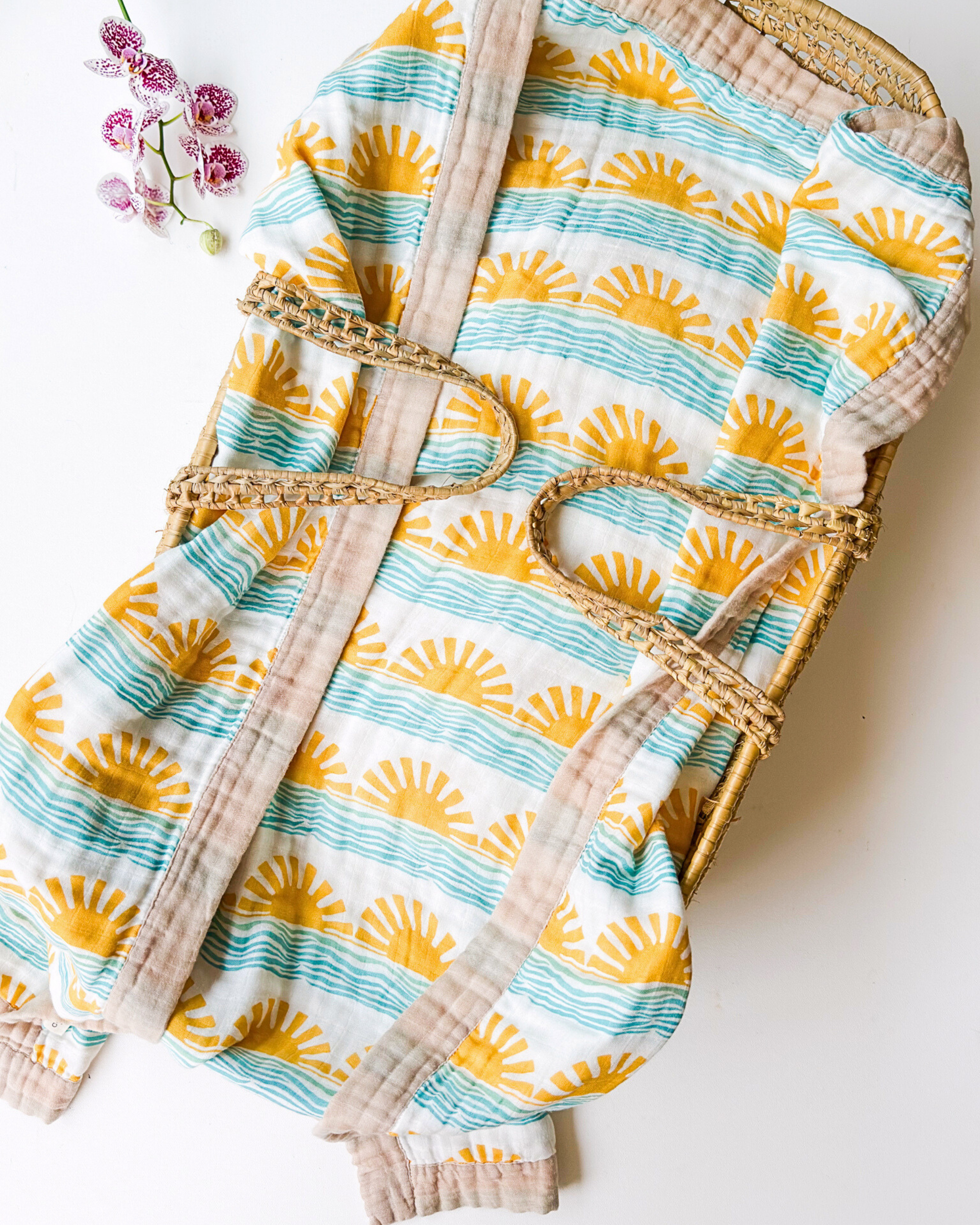 Blue Sun + Wave – Sand Trim | 6-Layer Organic Bamboo Baby Blanket - Coca + B.