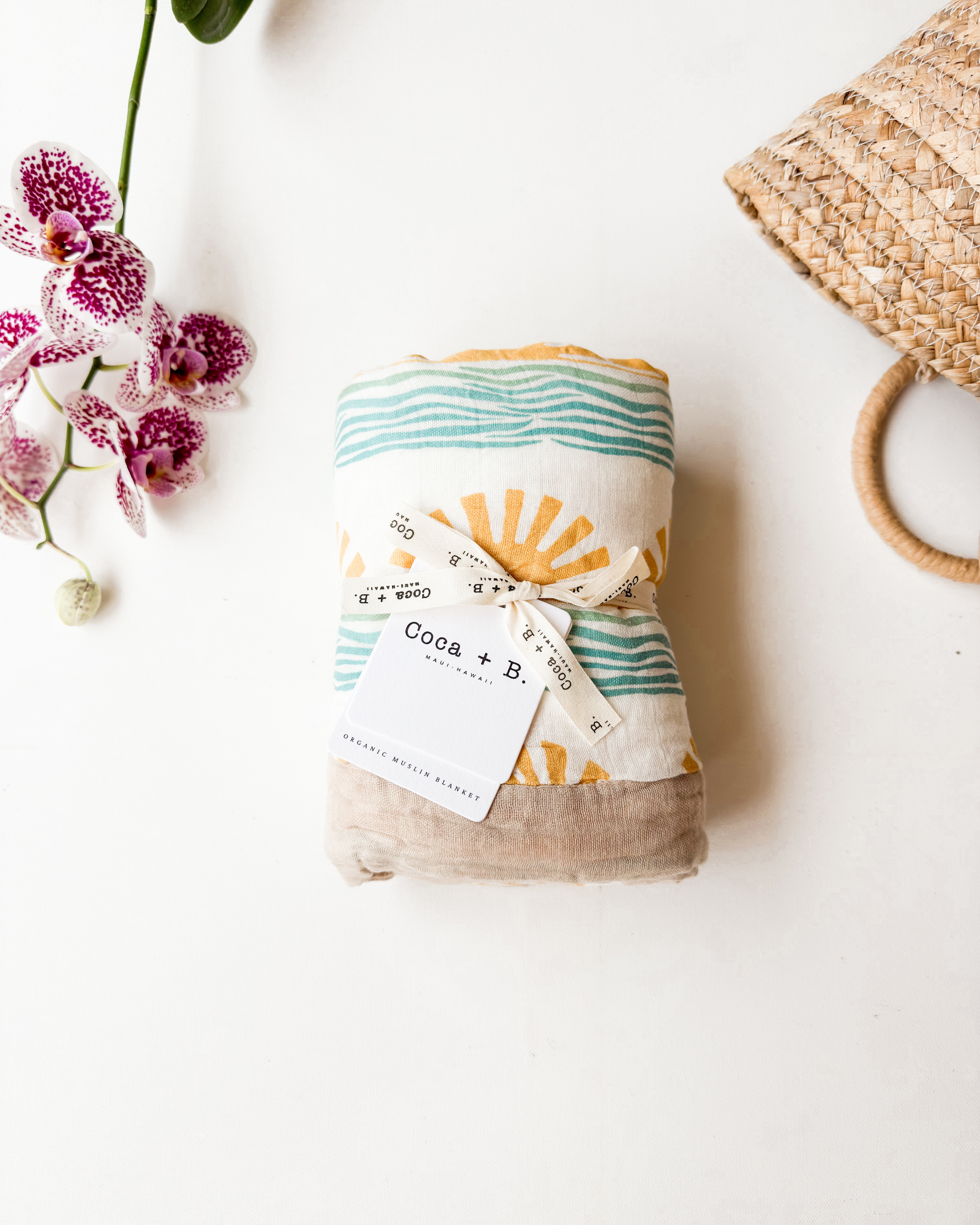 Blue Sun + Wave – Sand Trim | 6-Layer Organic Bamboo Baby Blanket - Coca + B.