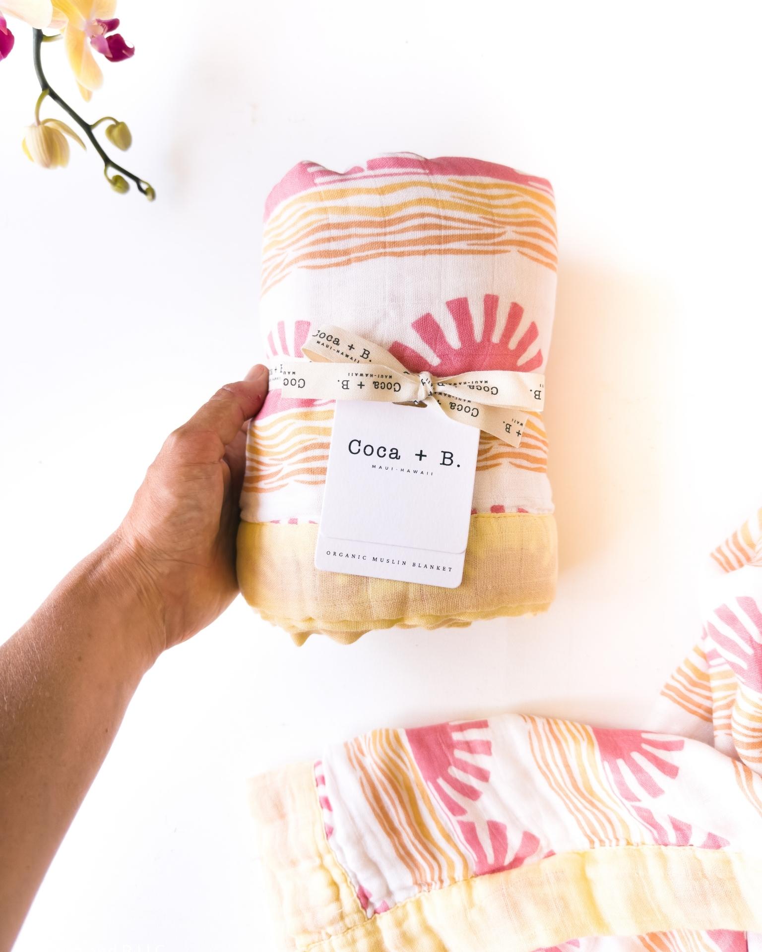 Pink Sun + Wave Print 6-Layer Organic Baby Blanket - Coca + B.