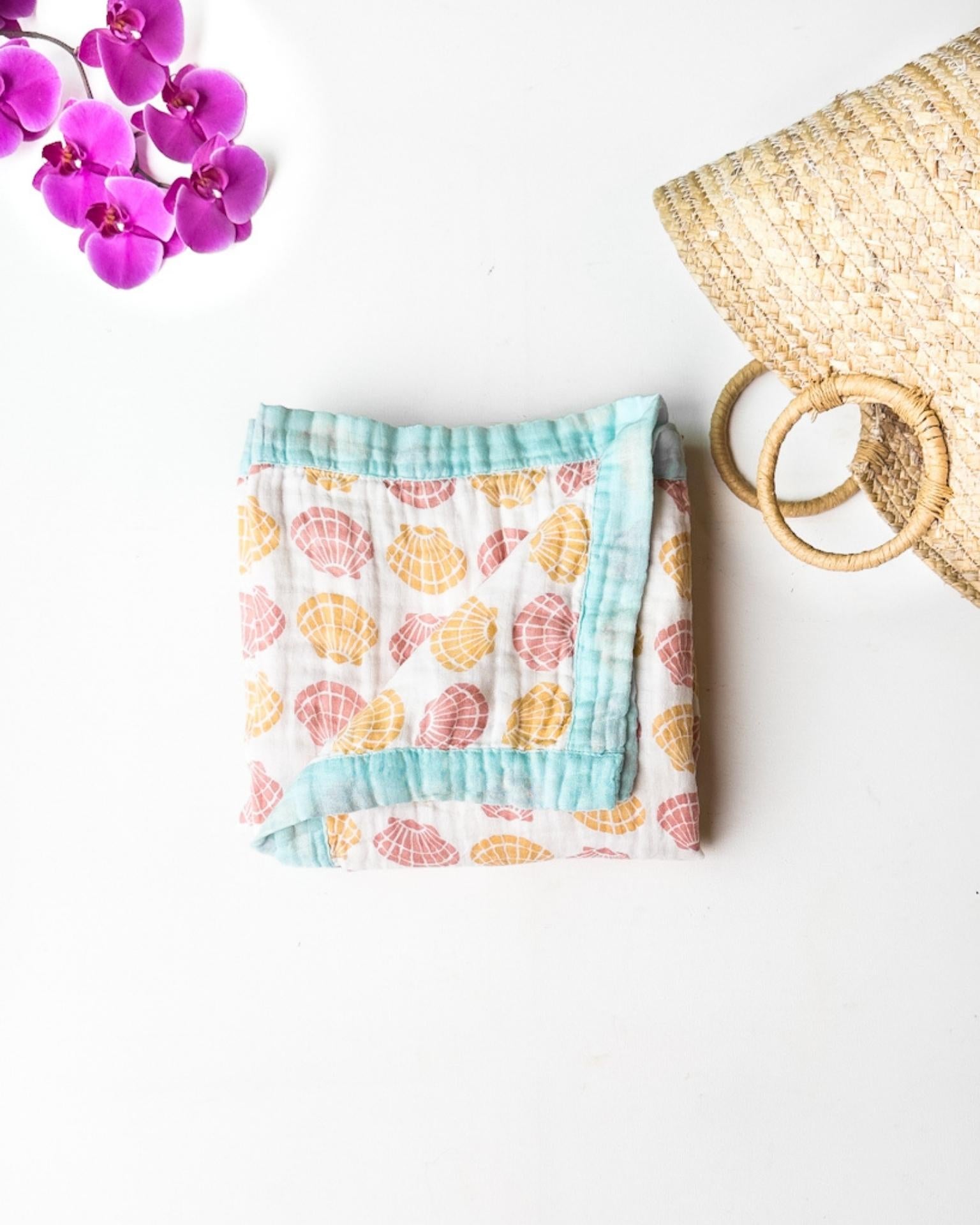 Sea Shells – Aqua Trim | 6-Layer Organic Bamboo Baby Blanket - Coca + B.