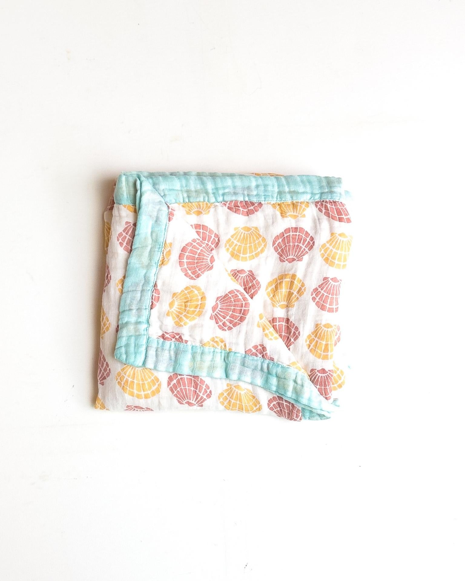 Sea Shells – Aqua Trim | 6-Layer Organic Bamboo Baby Blanket - Coca + B.
