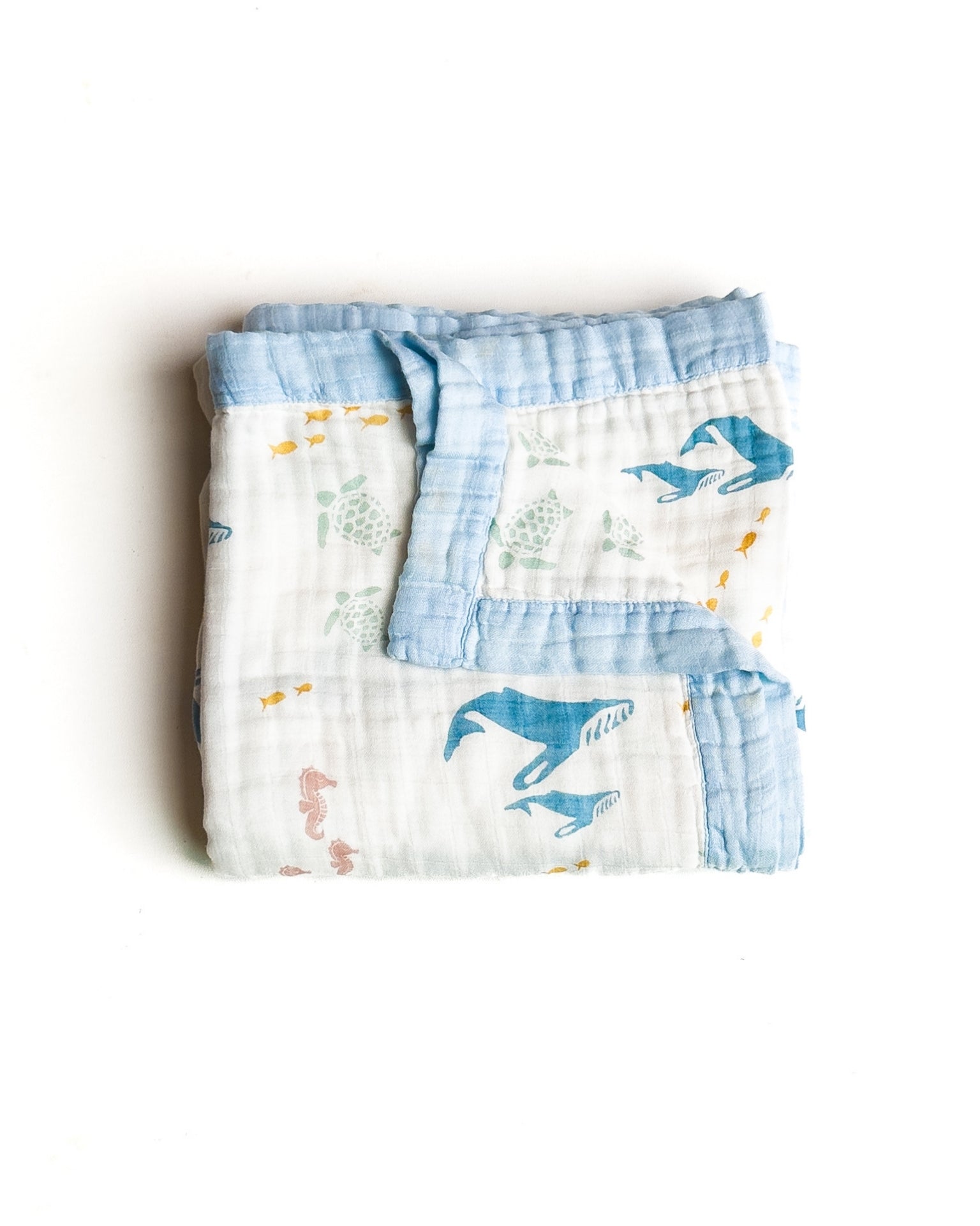 Sea Animals – Blue Trim | 6-Layer Organic Bamboo Muslin Baby Blanket - Coca + B.