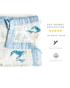 Sea Animals – Blue Trim | 6-Layer Organic Bamboo Muslin Baby Blanket - Coca + B.