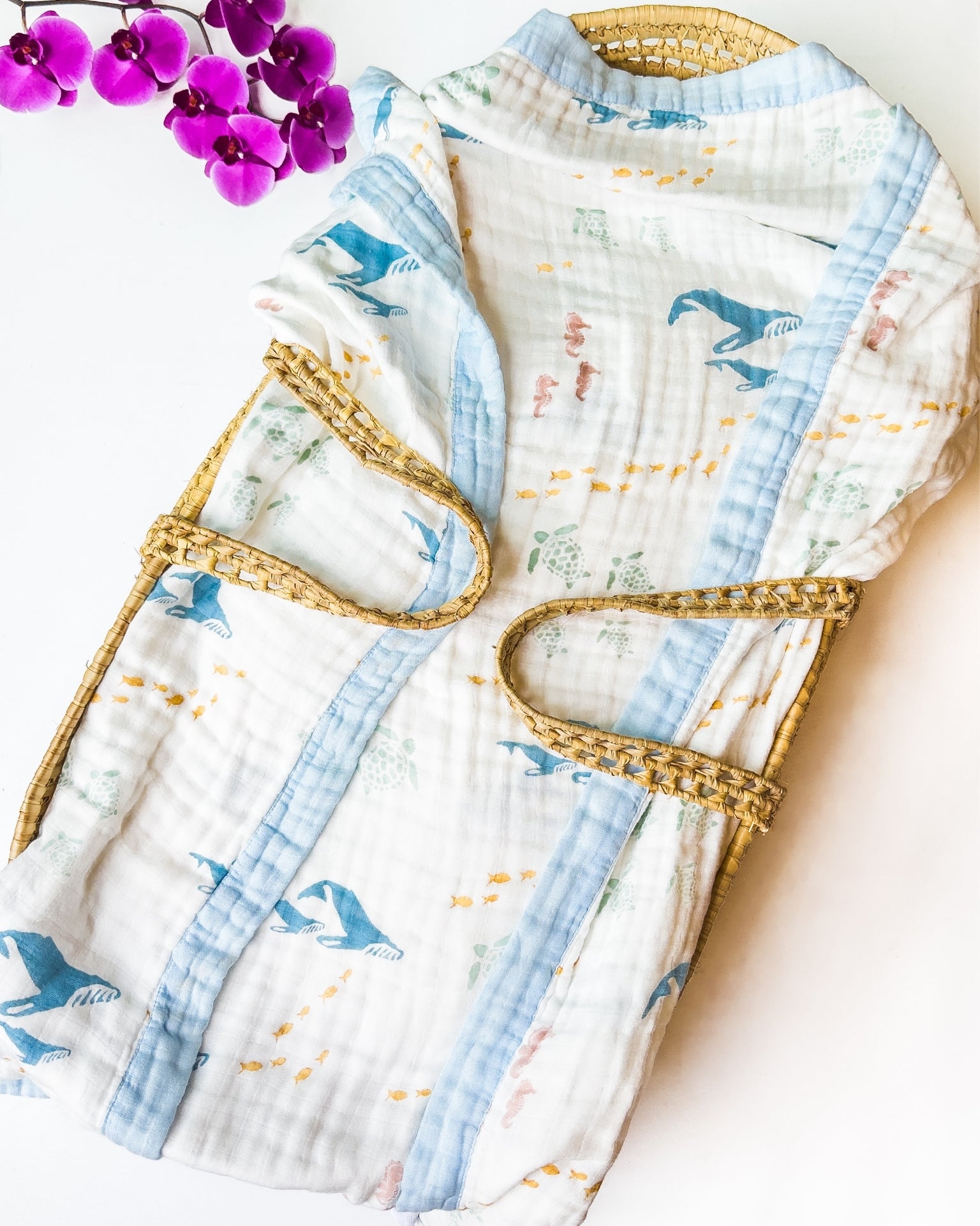 Sea Animals – Blue Trim | 6-Layer Organic Bamboo Muslin Baby Blanket - Coca + B.