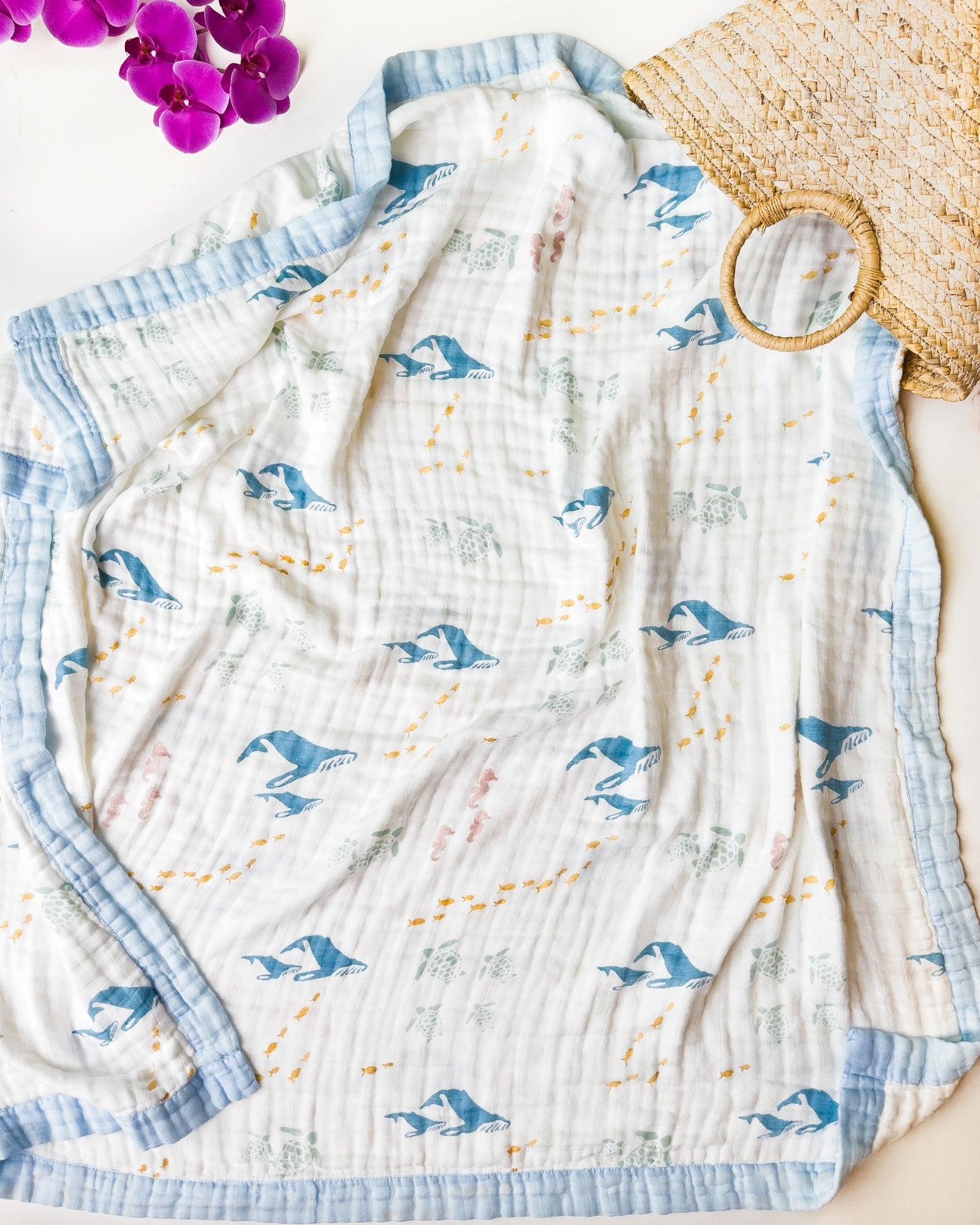 Sea Animals – Blue Trim | 6-Layer Organic Bamboo Muslin Baby Blanket - Coca + B.