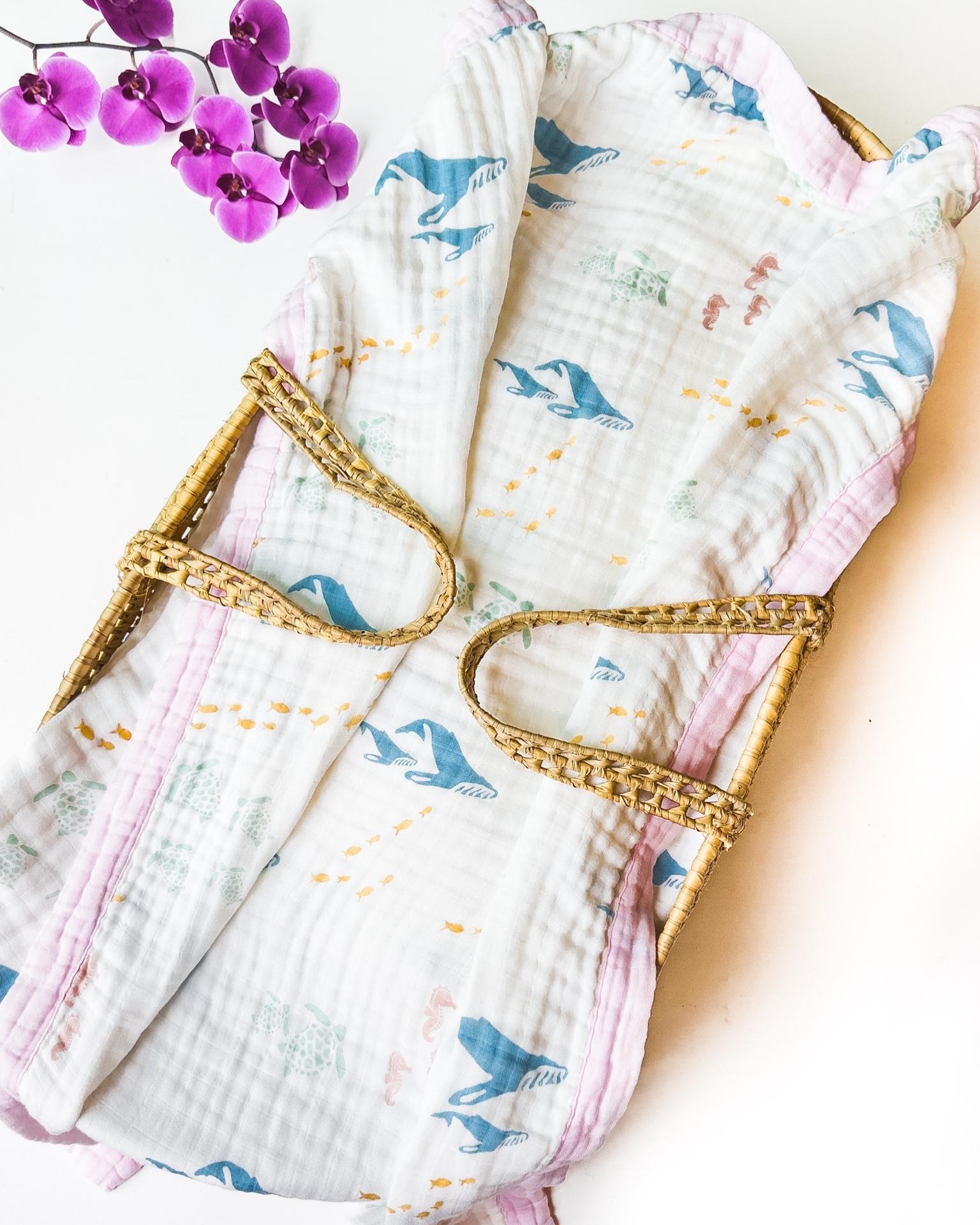 Sea Animals – Pink Trim | 6-Layer Organic Bamboo Muslin Baby Blanket - Coca + B.