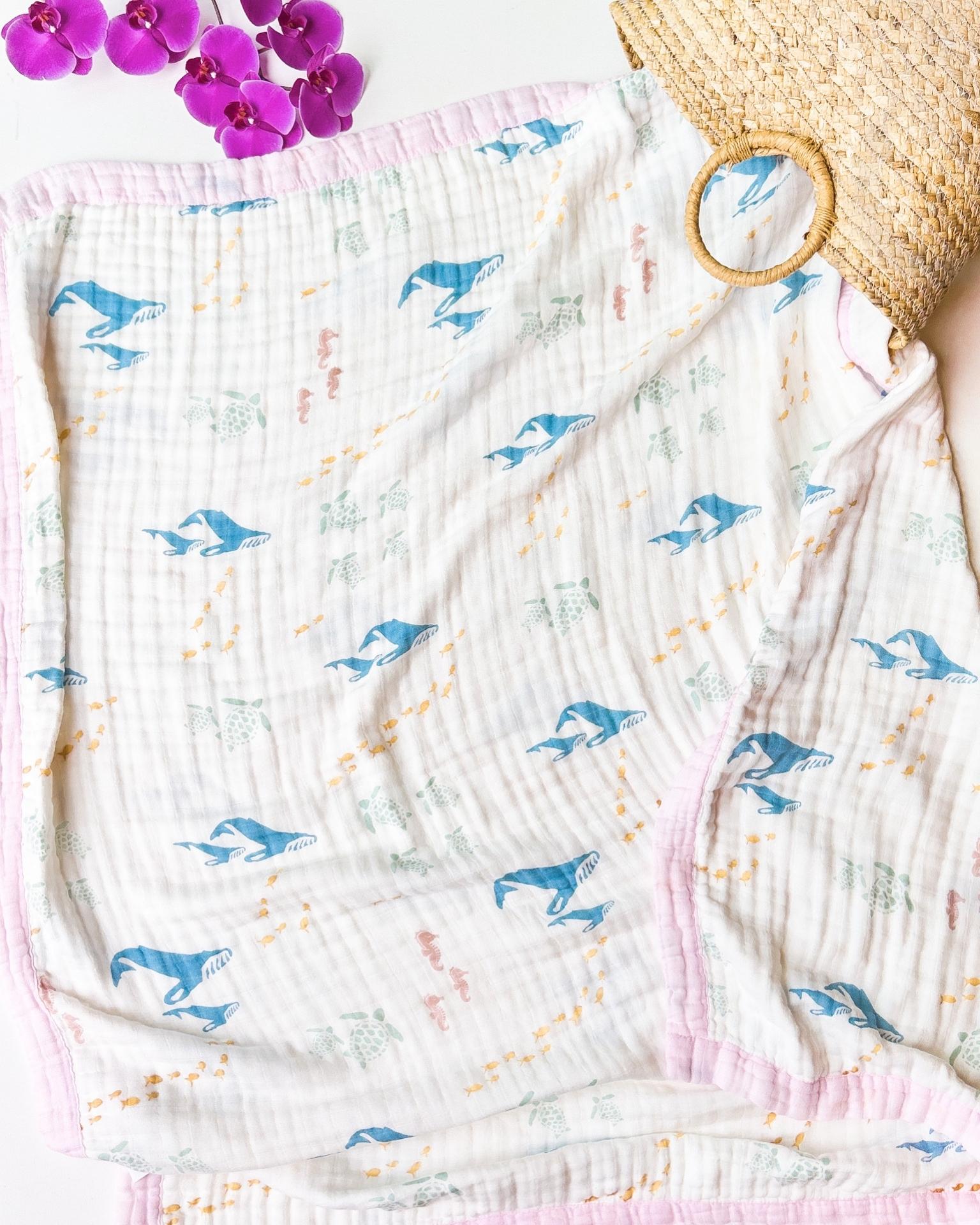 Sea Animals – Pink Trim | 6-Layer Organic Bamboo Muslin Baby Blanket - Coca + B.
