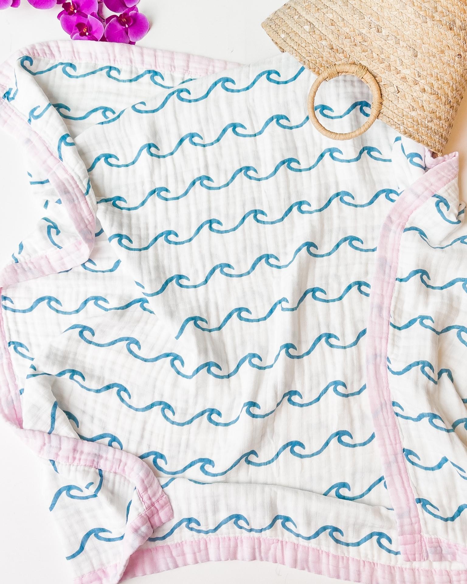 Endless Wave – Pink Trim | 6-Layer Organic Bamboo Muslin Baby Blanket - Coca + B.