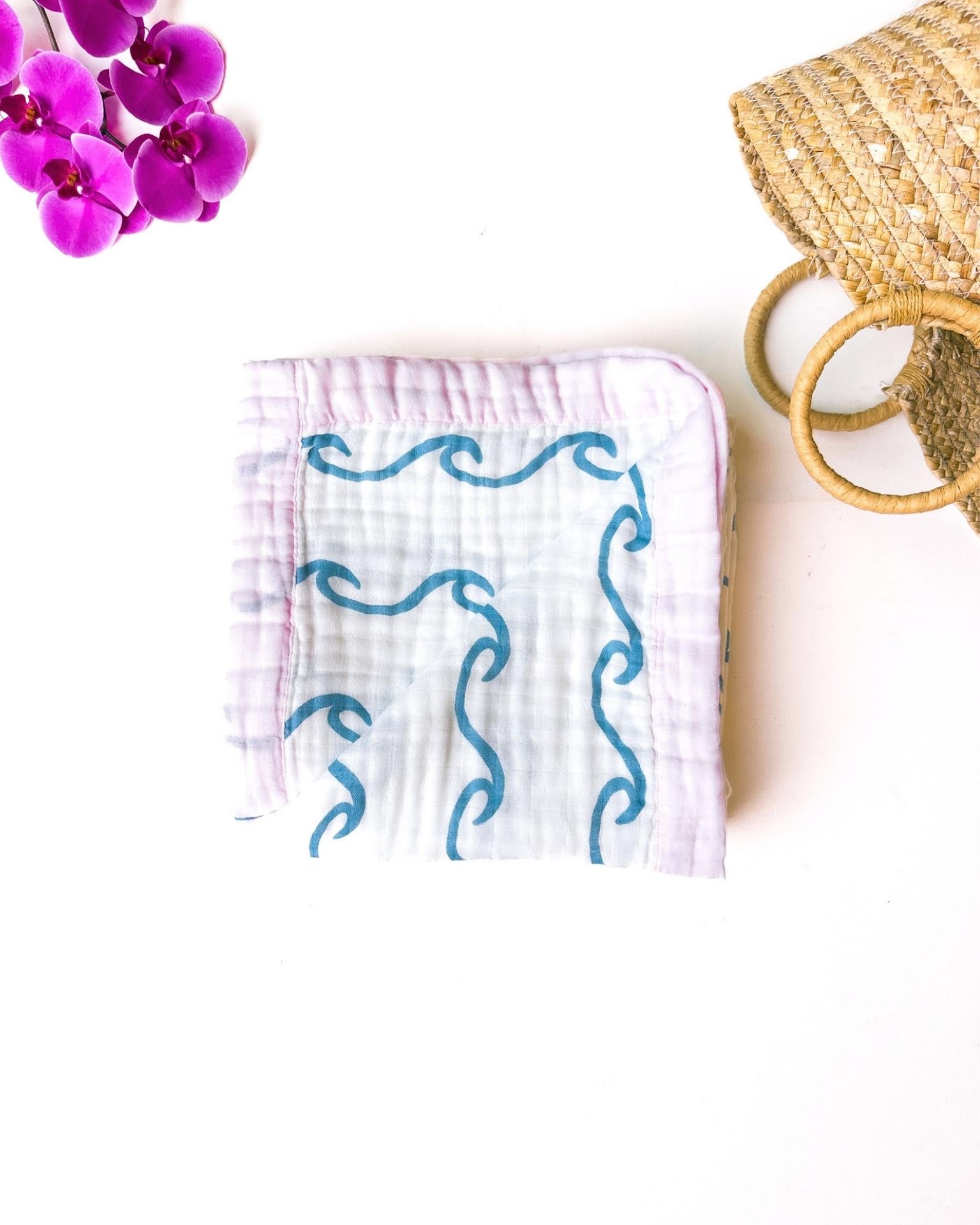Endless Wave – Pink Trim | 6-Layer Organic Bamboo Muslin Baby Blanket - Coca + B.