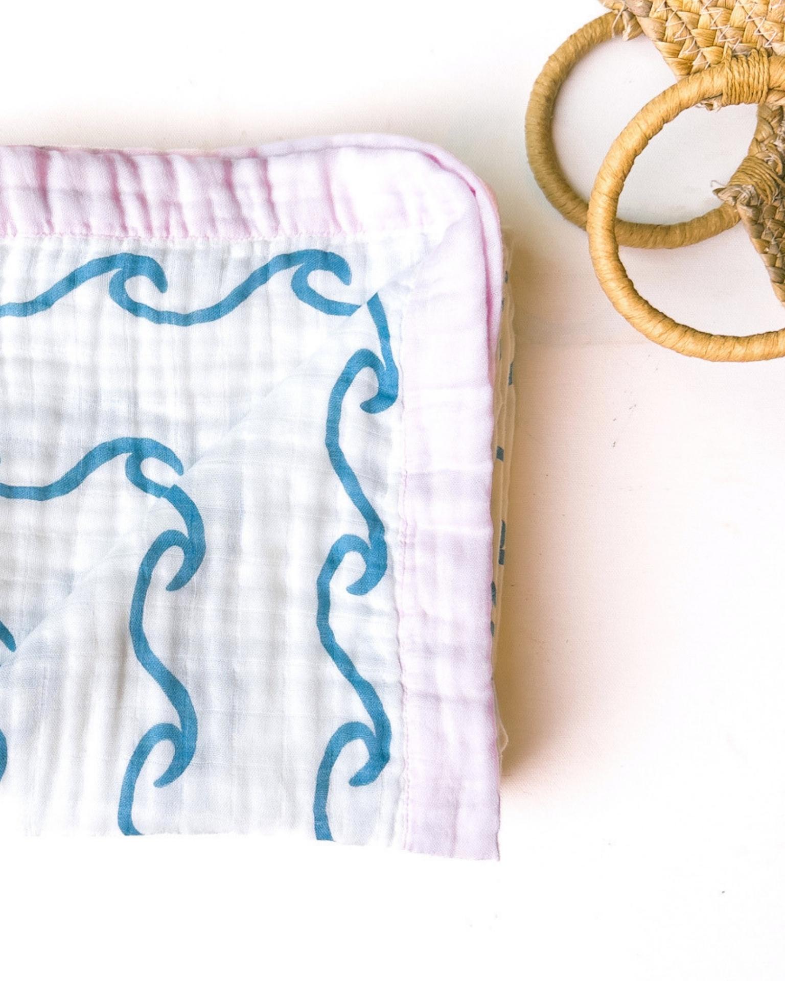 Endless Wave – Pink Trim | 6-Layer Organic Bamboo Muslin Baby Blanket - Coca + B.