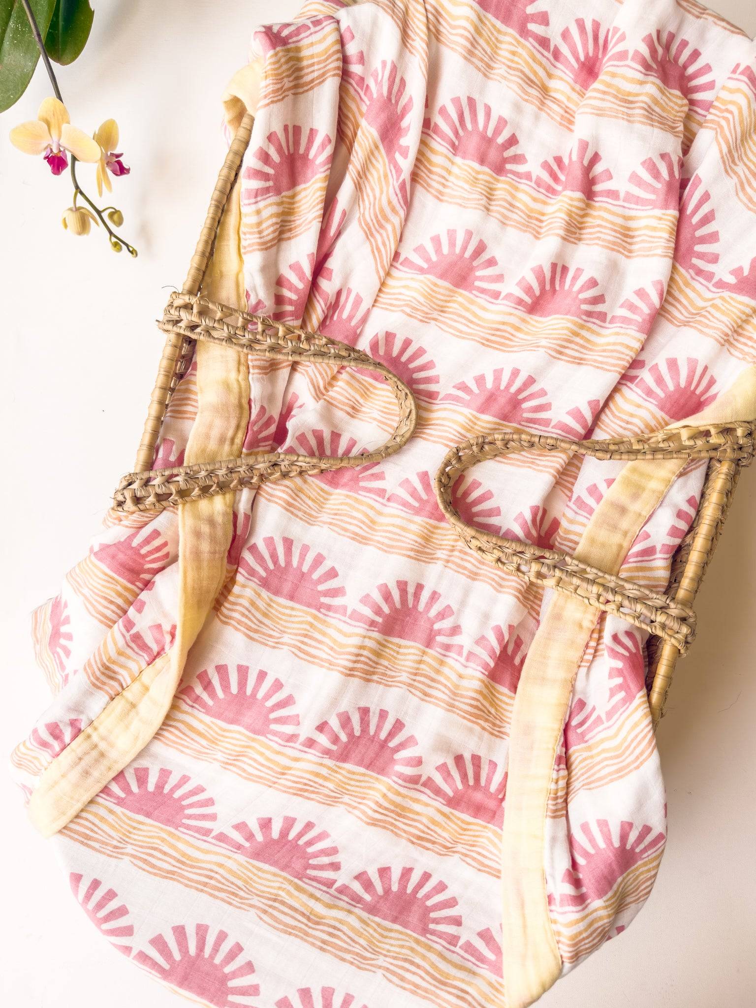 Pink Sun + Wave 6 Layer Organic Bamboo Muslin Blanket - Coca + B.