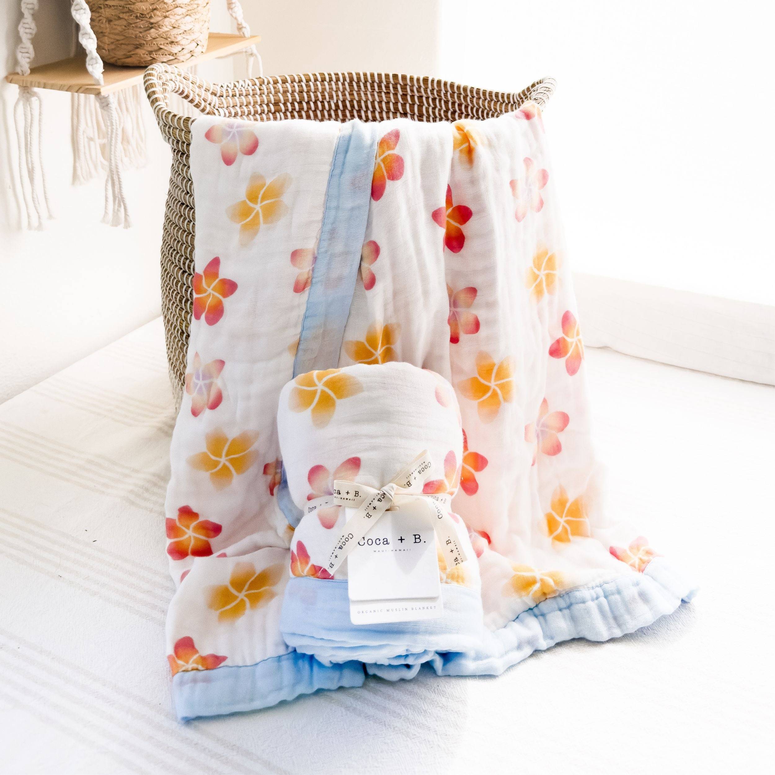 Plumeria Flower 6 Layer Organic Bamboo Muslin Blanket - Coca + B.