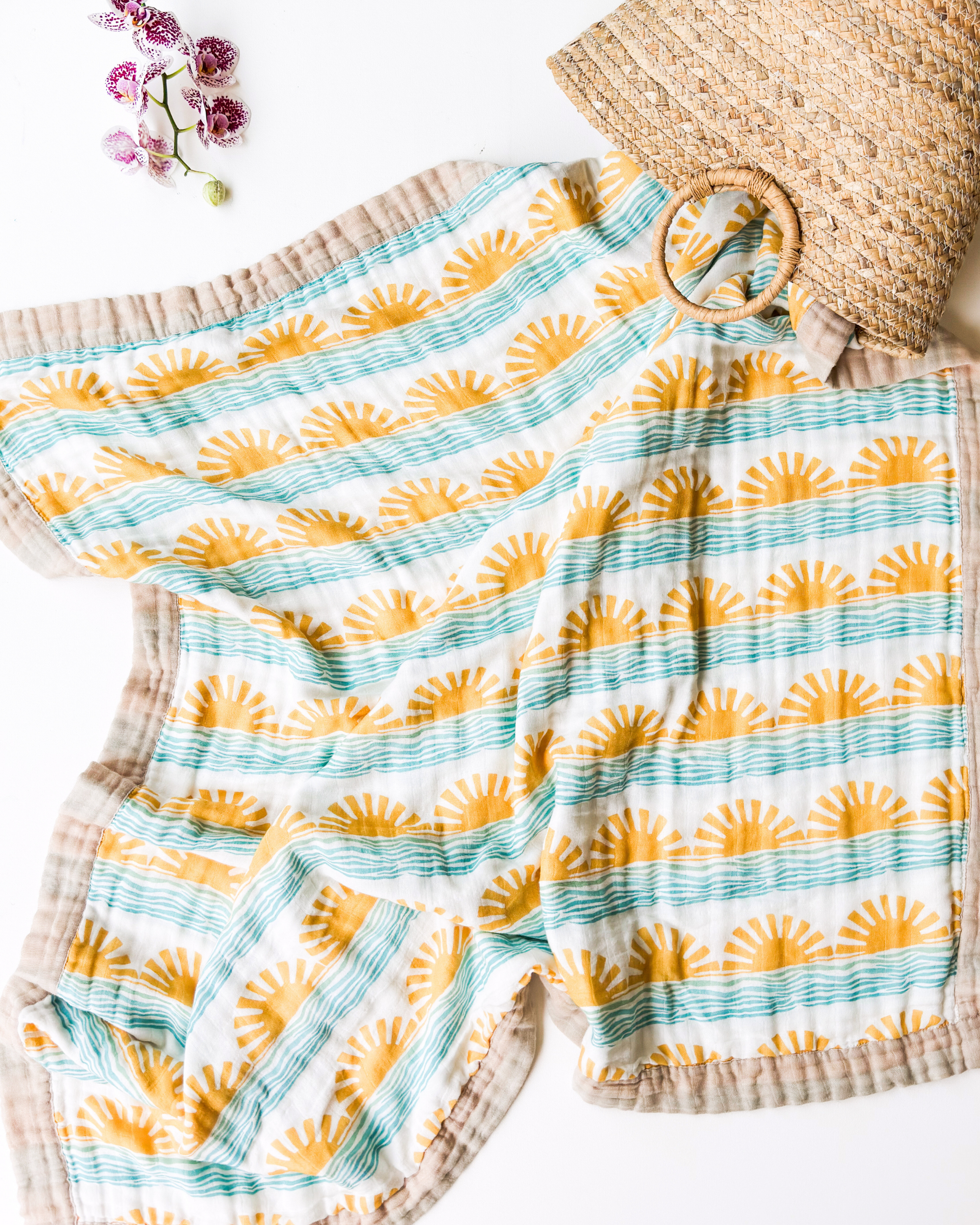 Blue Sun + Wave – Sand Trim | 6-Layer Organic Bamboo Baby Blanket - Coca + B.