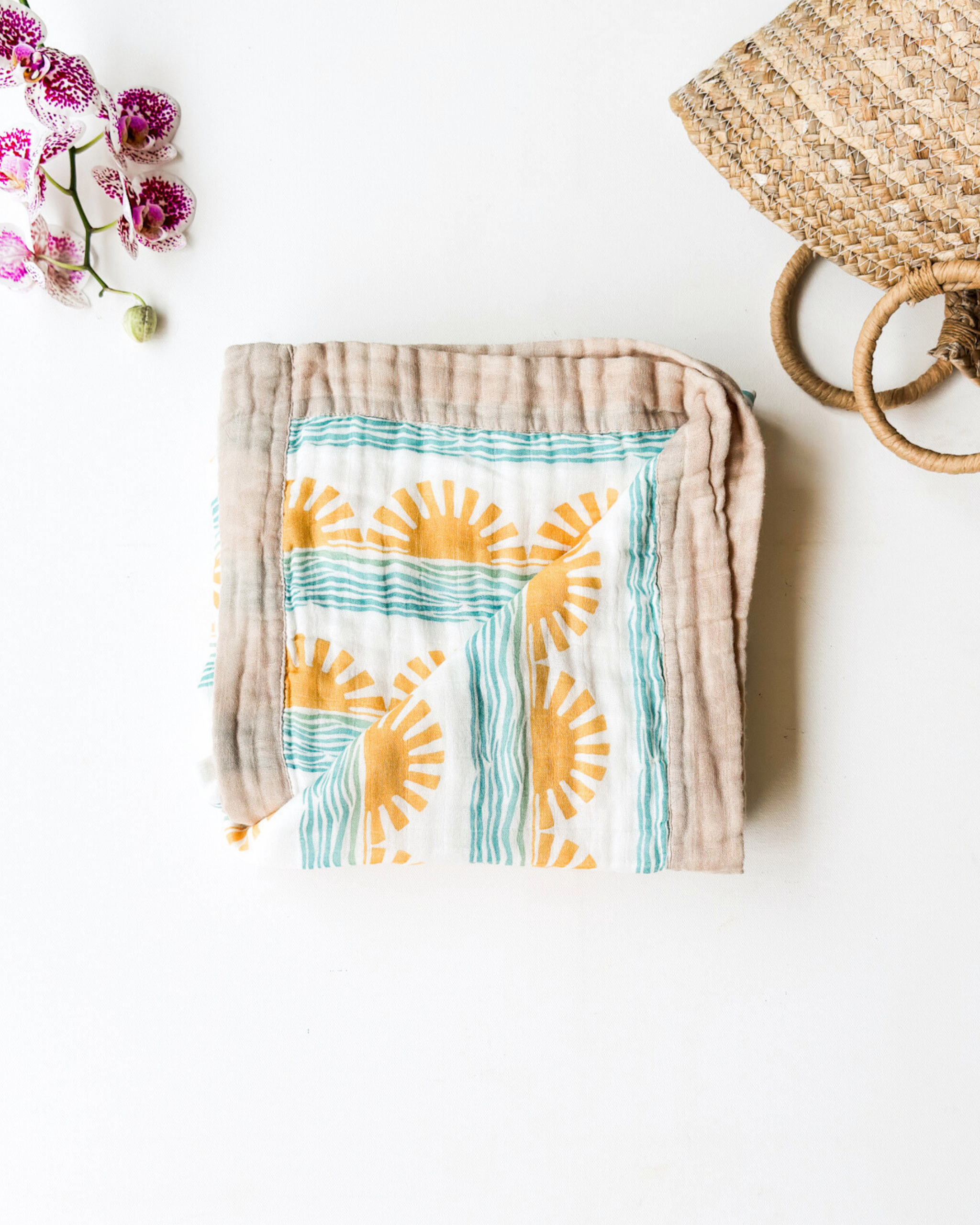Blue Sun + Wave – Sand Trim | 6-Layer Organic Bamboo Baby Blanket - Coca + B.