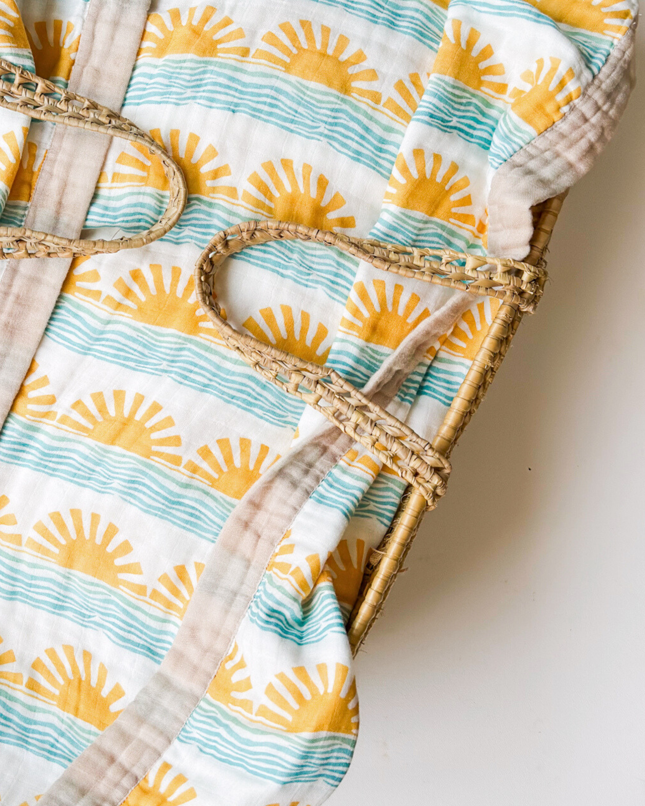 Blue Sun + Wave – Sand Trim | 6-Layer Organic Bamboo Baby Blanket - Coca + B.