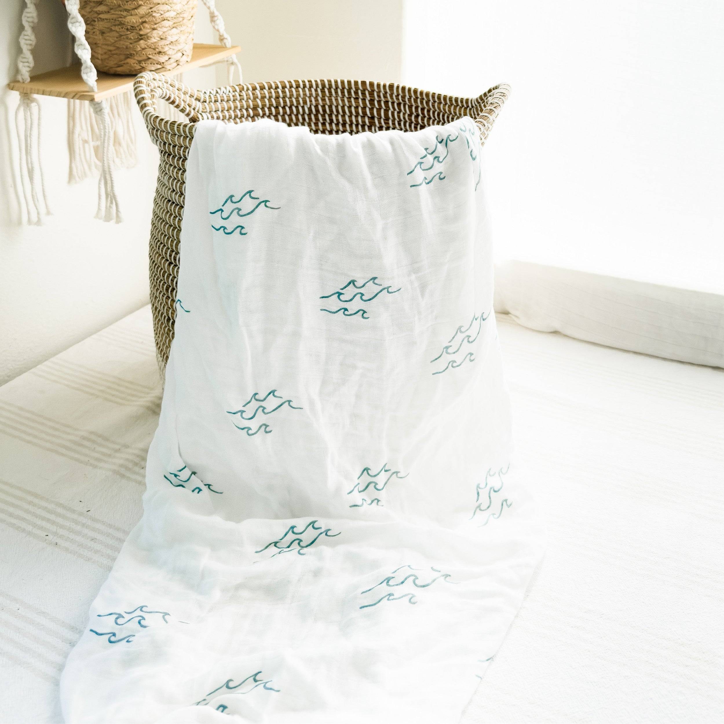 surf nusery decor muslin blanket in swaddle