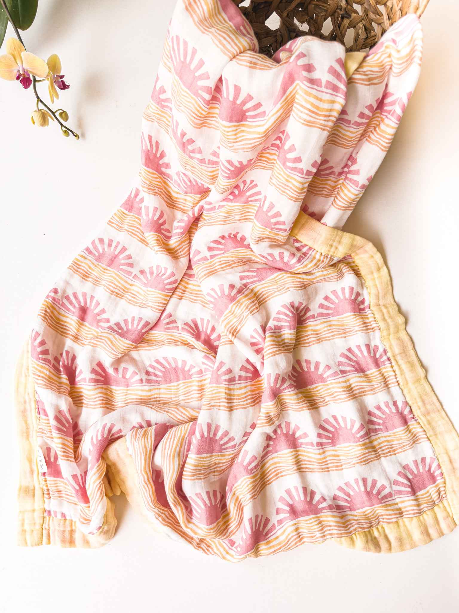 Pink Sun + Wave 6 Layer Organic Bamboo Muslin Blanket - Coca + B.